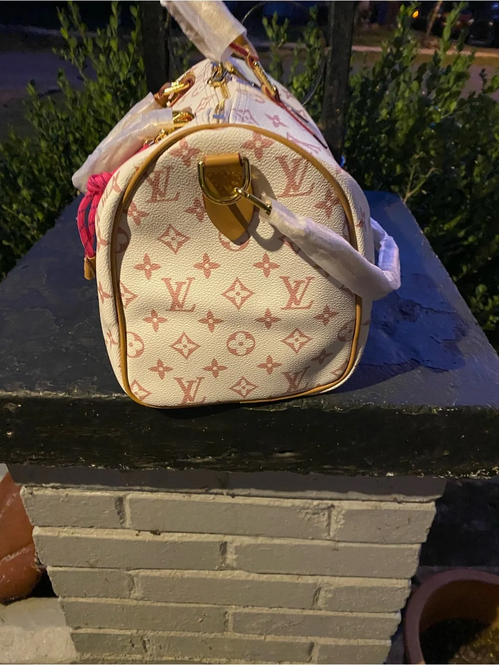 Not Authentic Louis Vuitton White and Pink Monogram Satchel with Gold Hardware